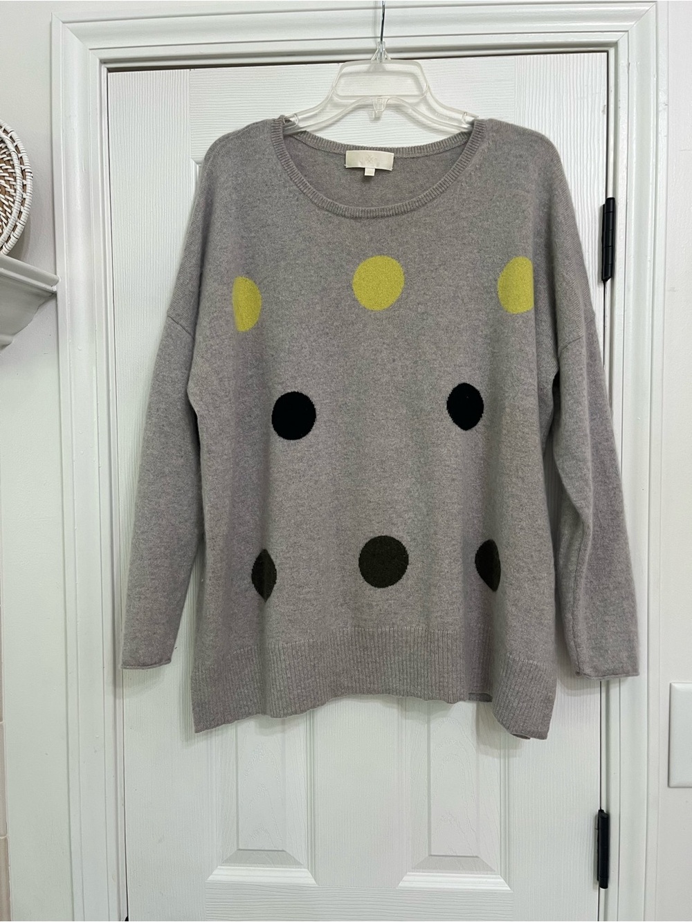 Lisa Todd Grey and Multi-Color Polka Dot Women's 100% Cashmere Crewneck Sweater